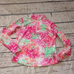 IBKUL Women's Pink Green Splatter Print Mesh Accent Sleeve Active 1/4 Zip XS
